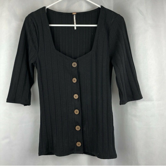 Free People Black Ribbed Button Front Top XS Scoop Neck 3/4 Sleeve - Picture 6 of 10